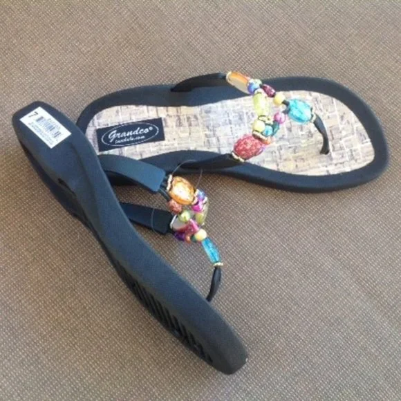 JEWELED BLACK MARBLE CORK FLIP FLOP SANDAL by Grandco - Picture 7 of 8